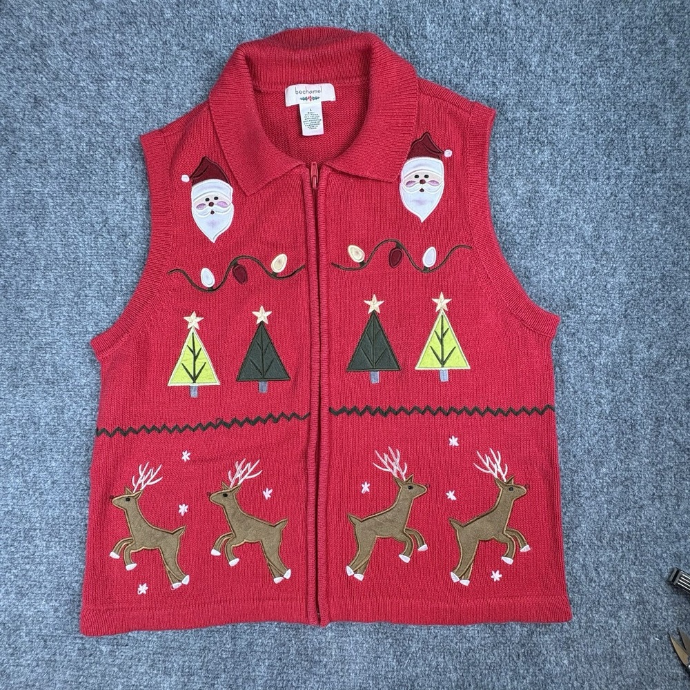 Bechamel Christmas Sweater Vest Women L Red Zip Y2K Reindeer Trees Santa Ugly